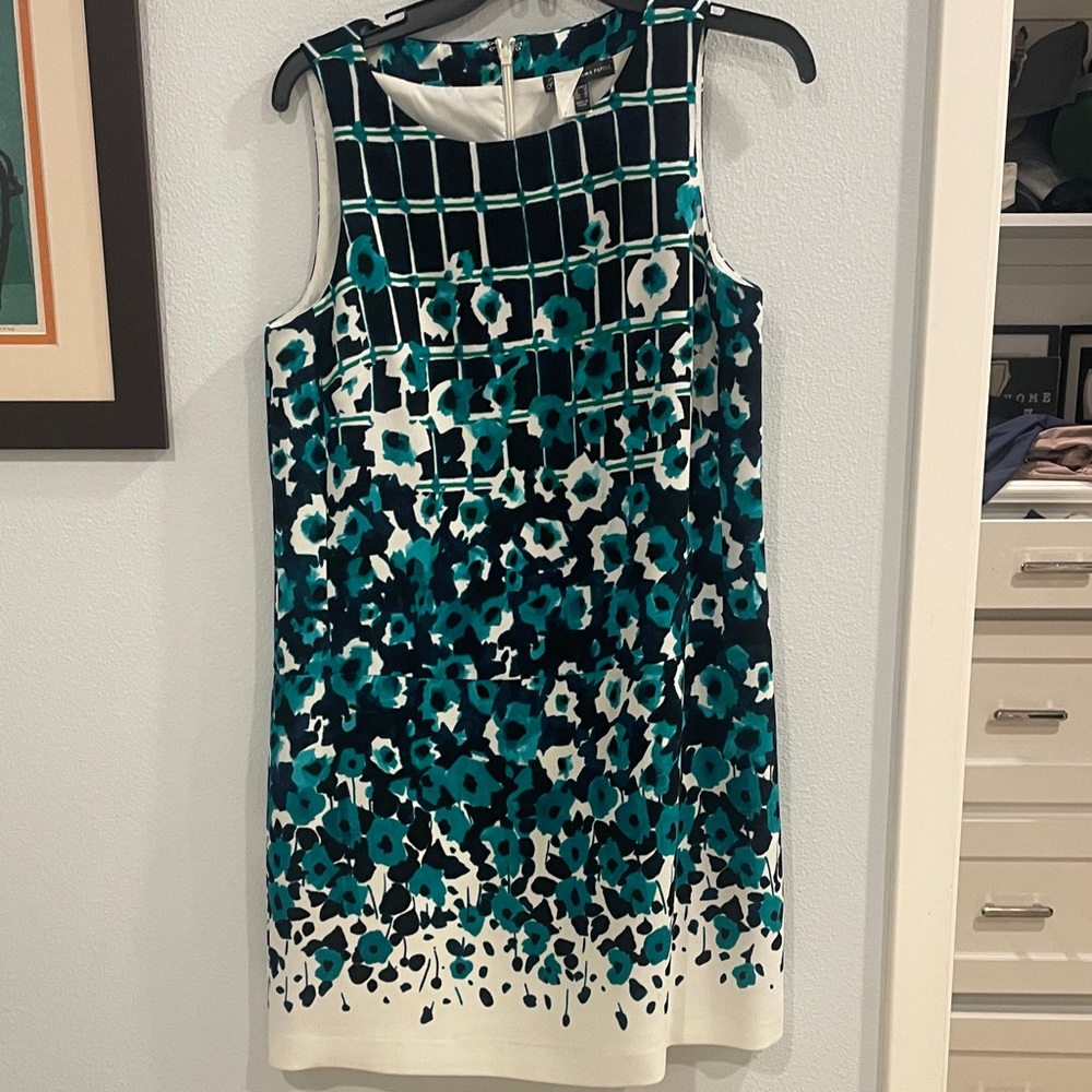 Adrianna Papell Teal and White Floral Midi Dress